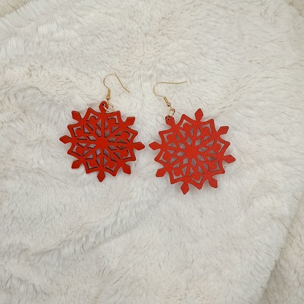 Red snowflake wooden carved earrings festive Christmas gift